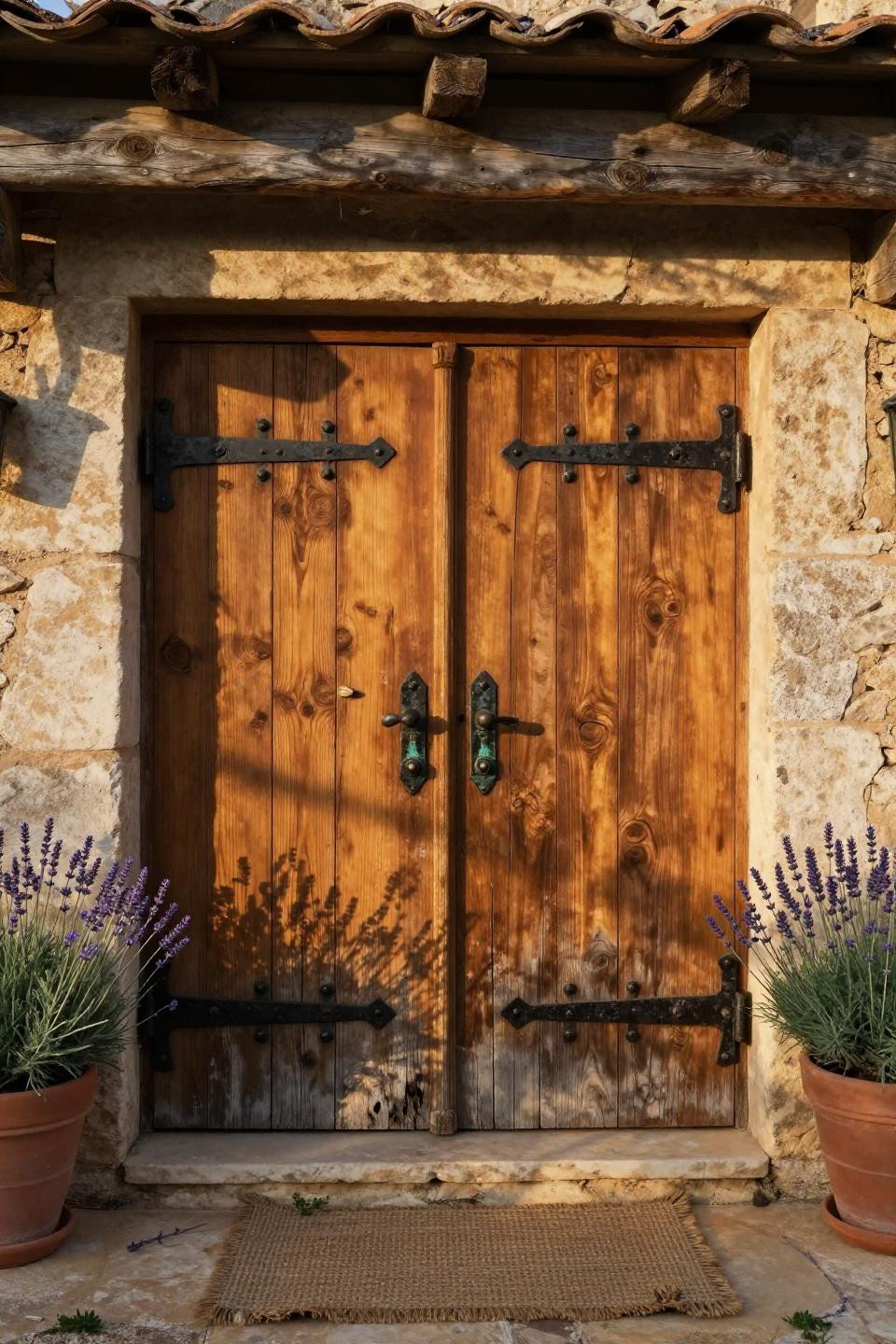 honey-toned reclaimed barn wood double doors with oxidized iron strap hinges and pyramid studs on limestone farmhouse