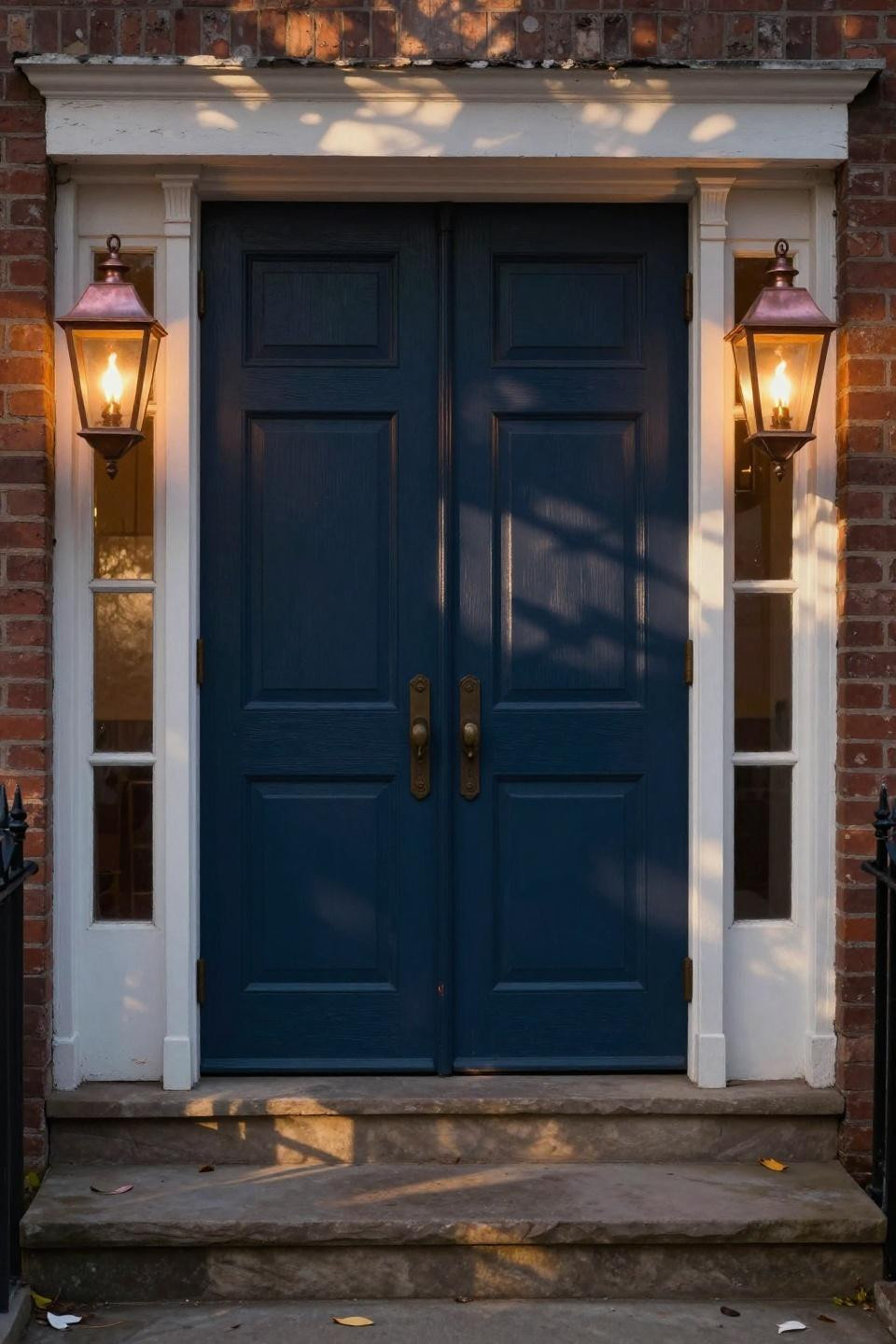 hand-painted hale navy double doors with museum-quality brushstrokes and copper gas lanterns in georgetown federal townhouse