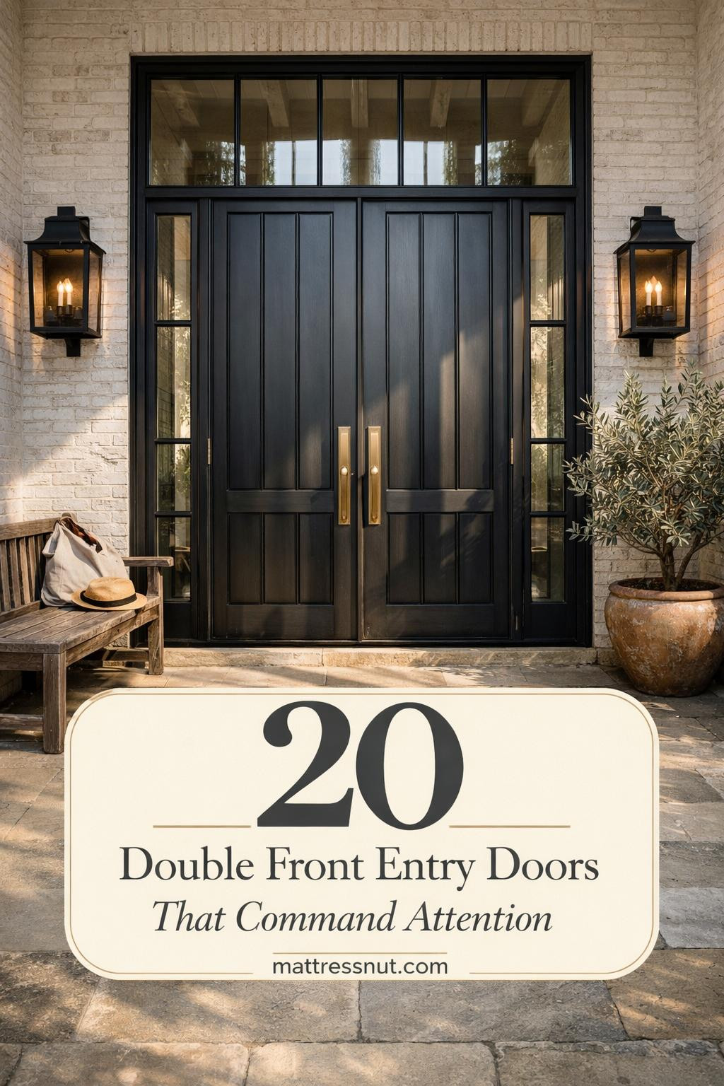 Elegant double front entry doors with glass panels, dark wood frames, brass hardware, and symmetrical design welcoming guests