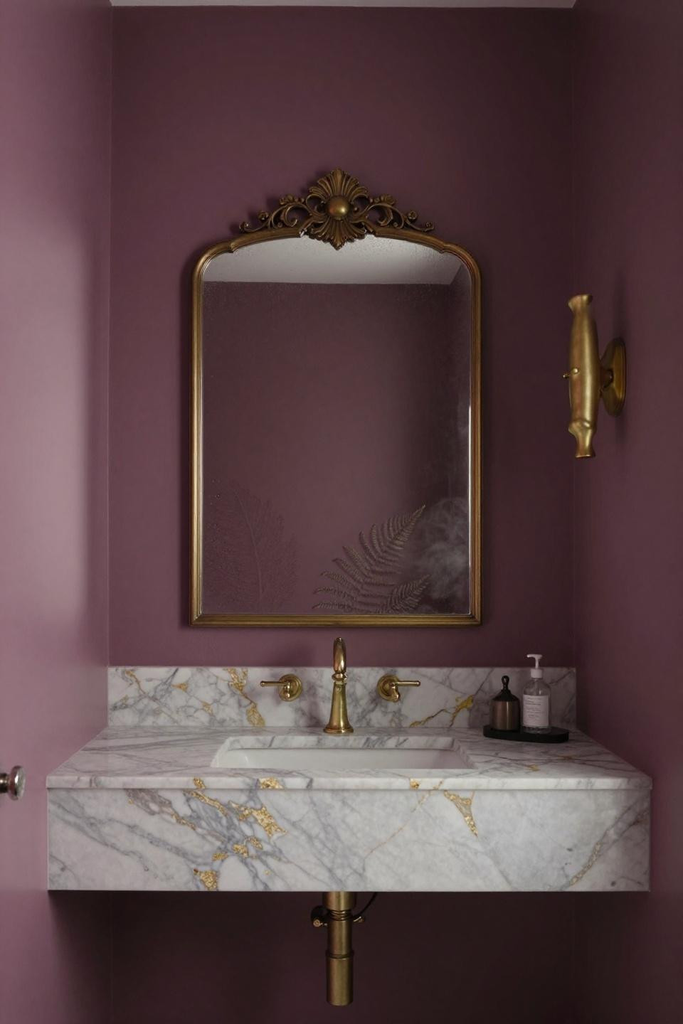 dusty plum bathroom paint inspiration with calacatta marble vanity featuring dramatic gold veining and brass fixtures