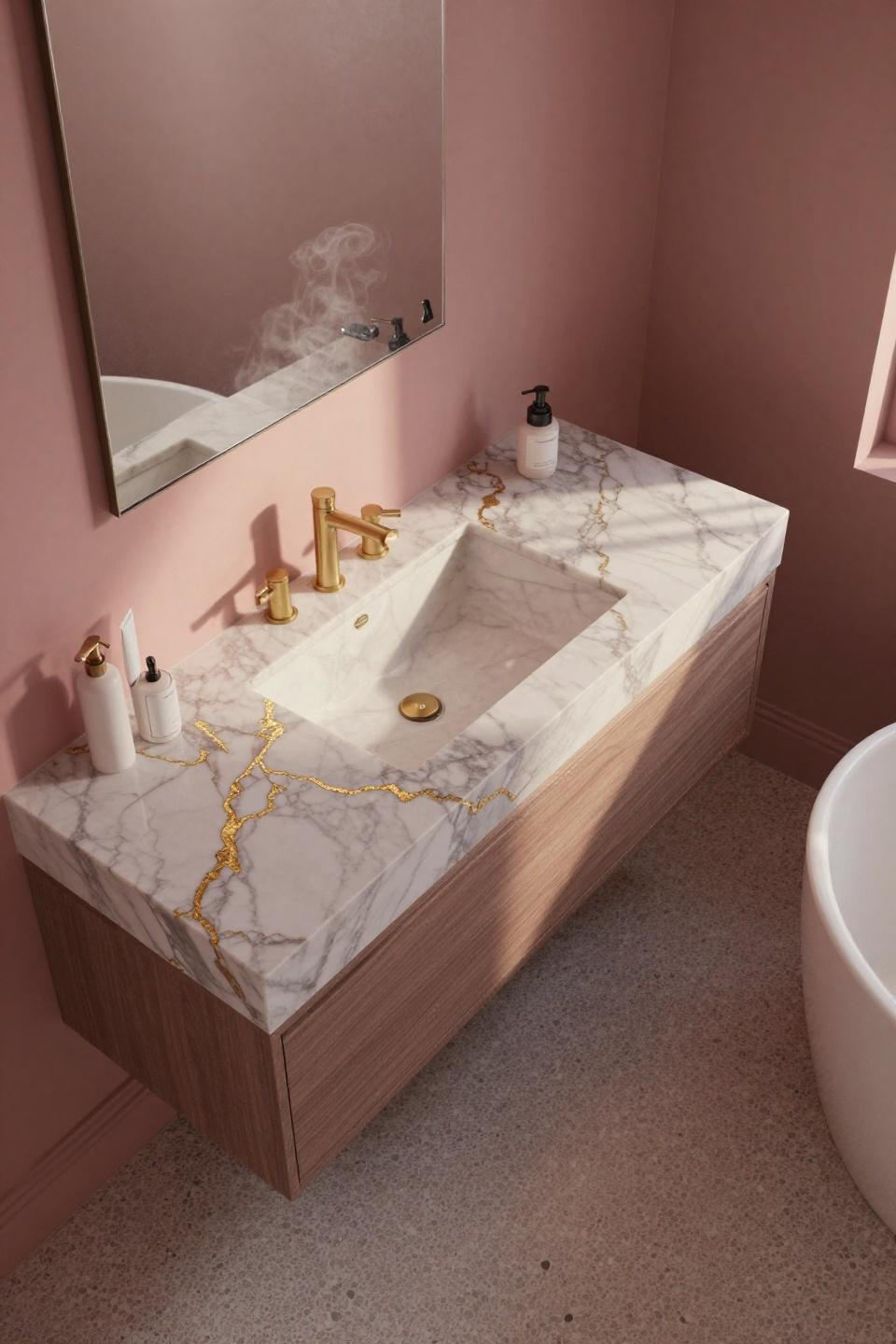 dusty rose bathroom paint colors with calacatta marble vanity featuring 24-karat gold leaf threading and terrazzo floor