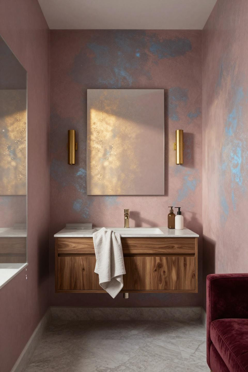 dusty rose and charcoal bathroom colour schemes with venetian plaster walls featuring embedded pearl pigment and brass sconces