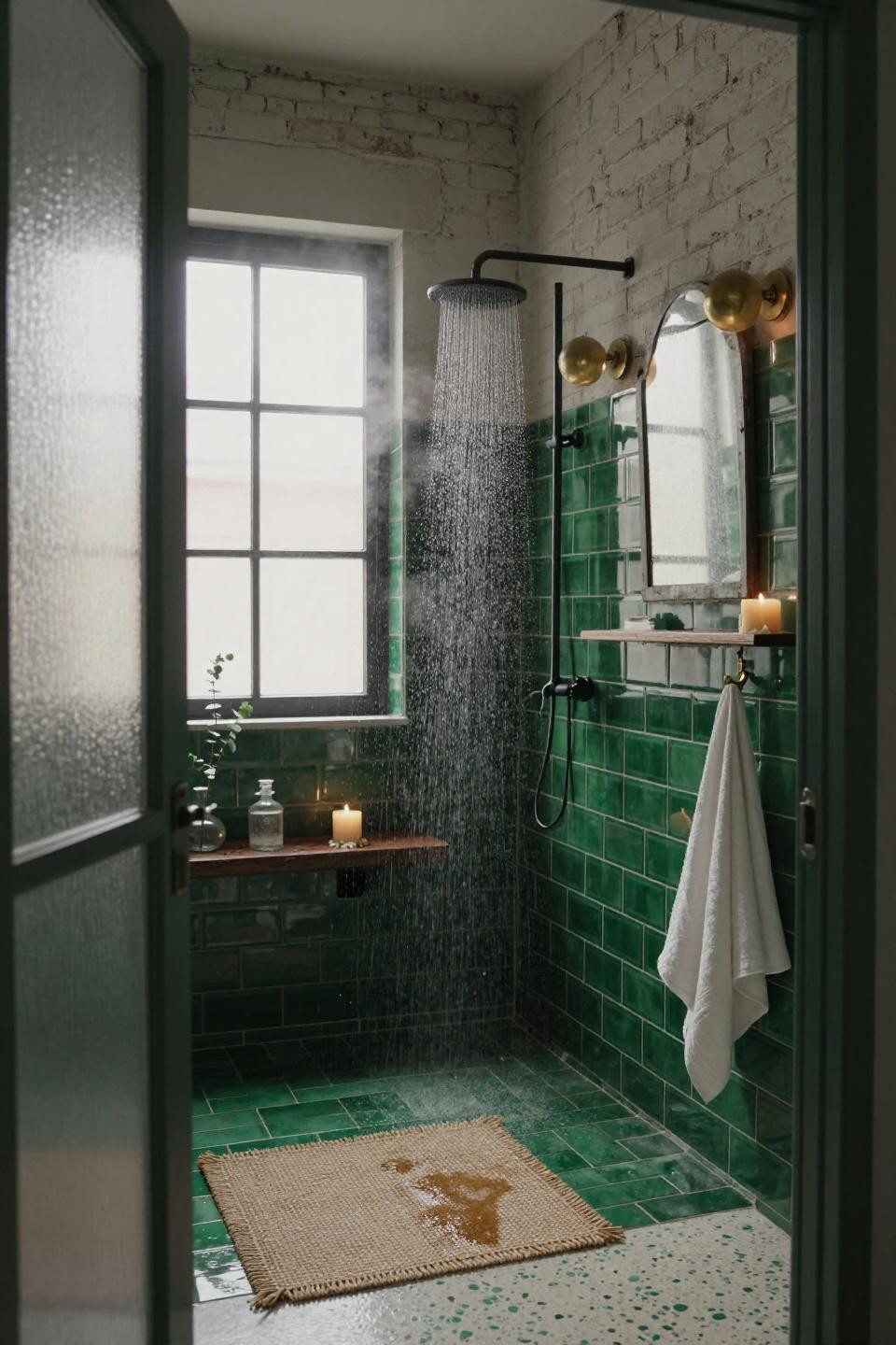 Emerald green bathroom with wainscoting and brass fixtures