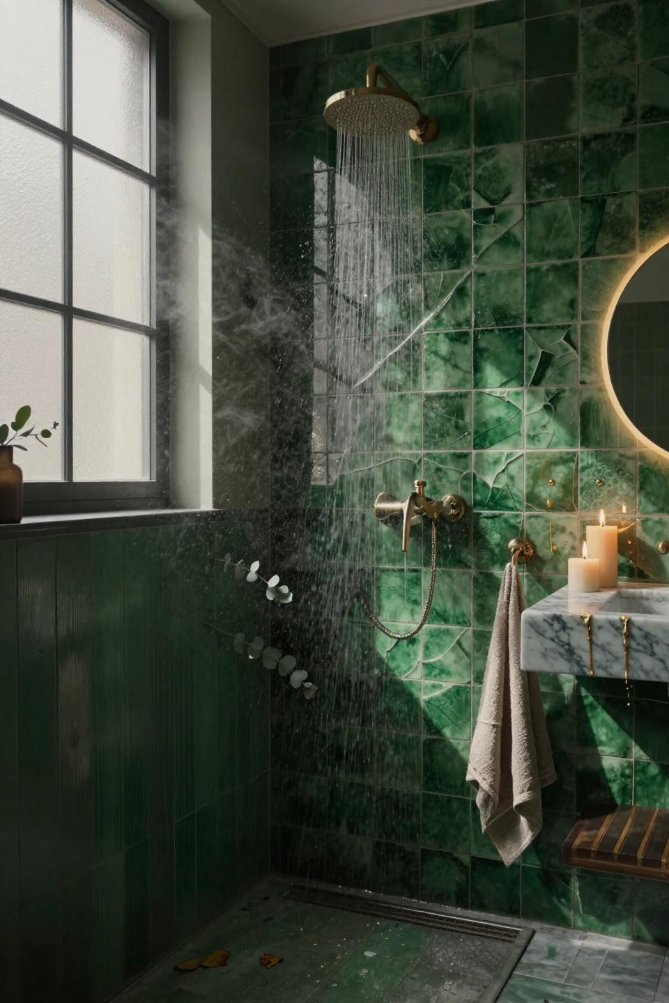 Emerald green bathroom with crackle-finish tiles