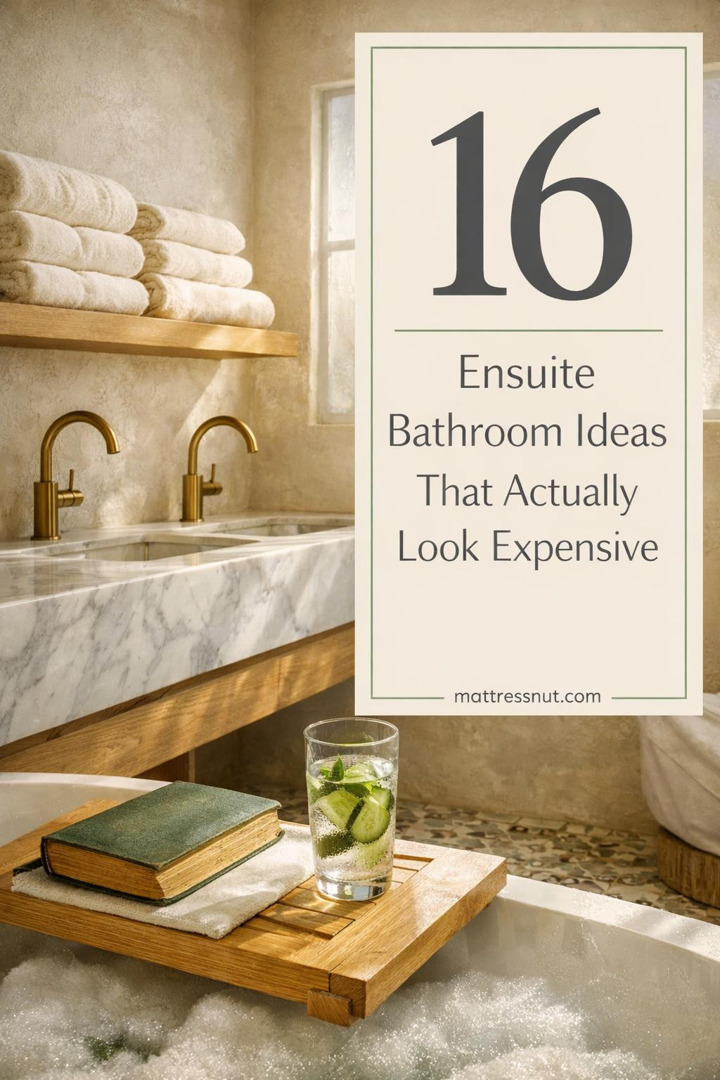 Spa-like ensuite bathroom featuring marble countertops, brushed gold fixtures, frameless glass shower, and white cabinetry