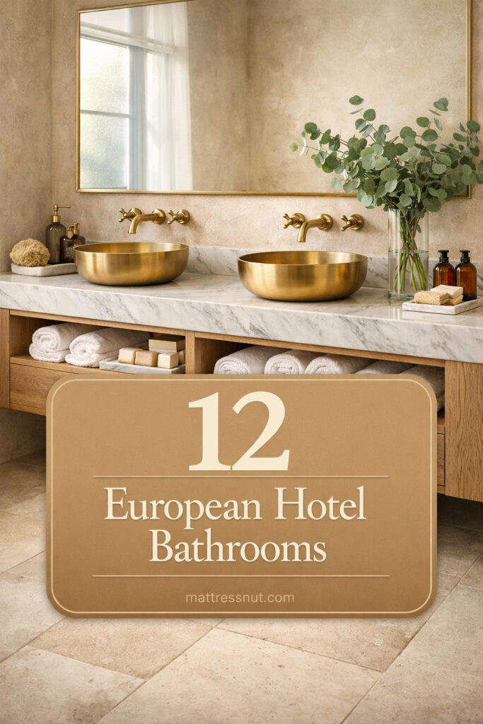 Elegant bathroom with white marble tiles, freestanding tub, brass fixtures, and minimalist European hotel aesthetic
