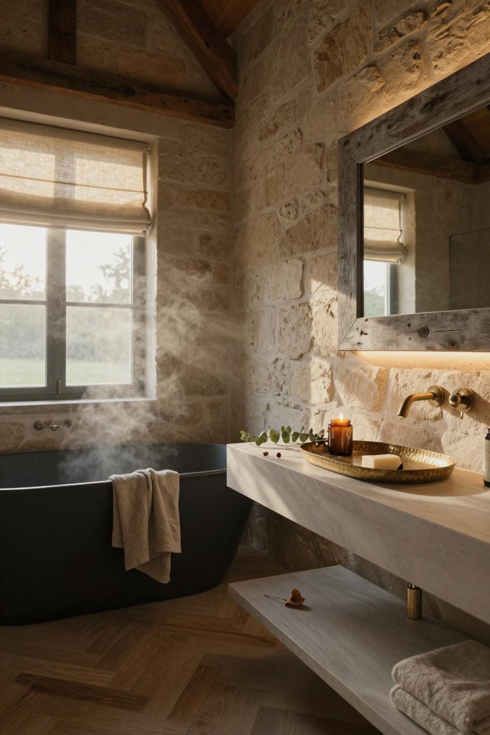 Farmhouse Bathroom with black tub