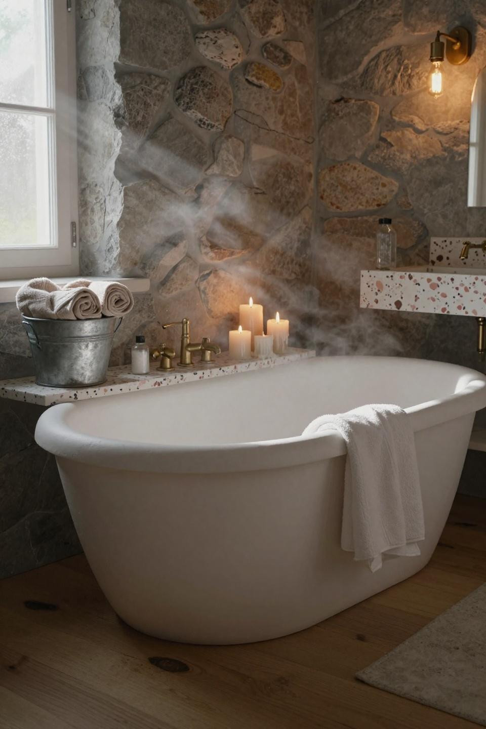 Farmhouse Bathroom with stone tub