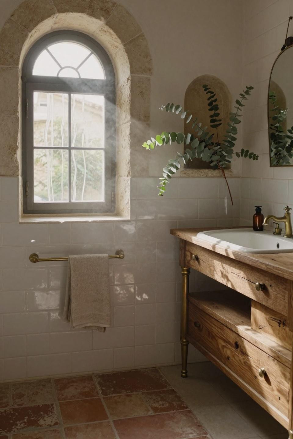 Farmhouse Bathroom with arched window