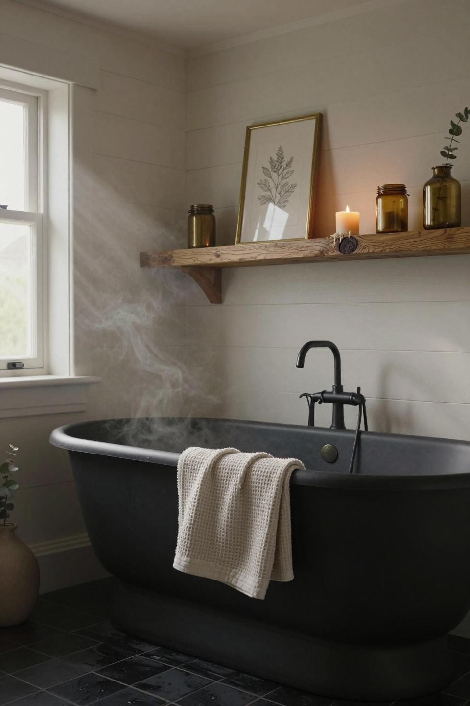 Farmhouse Bathroom with floating shelves