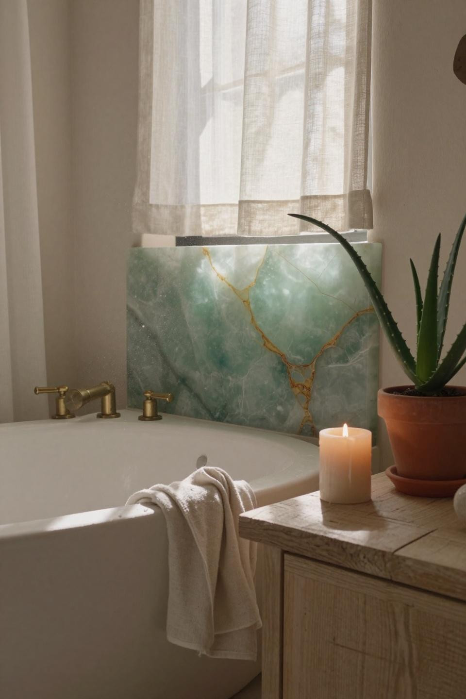 Farmhouse Bathroom with backlit onyx