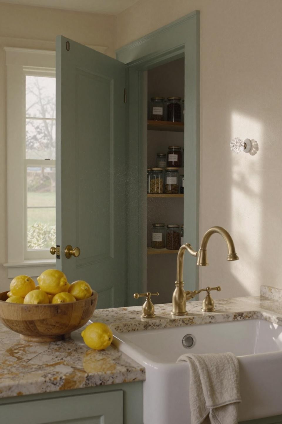 sage green double pantry doors with original brass cup pulls in 1890s vermont stone farmhouse with quartzite waterfall countertop
