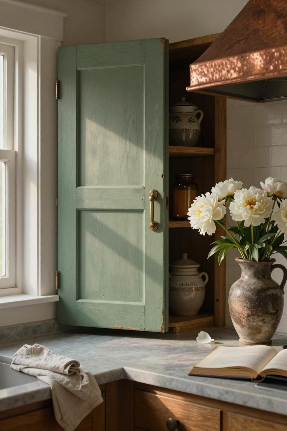 sage green painted pantry door with hand-forged iron hinges in connecticut barn estate kitchen with copper range hood and soapstone counters