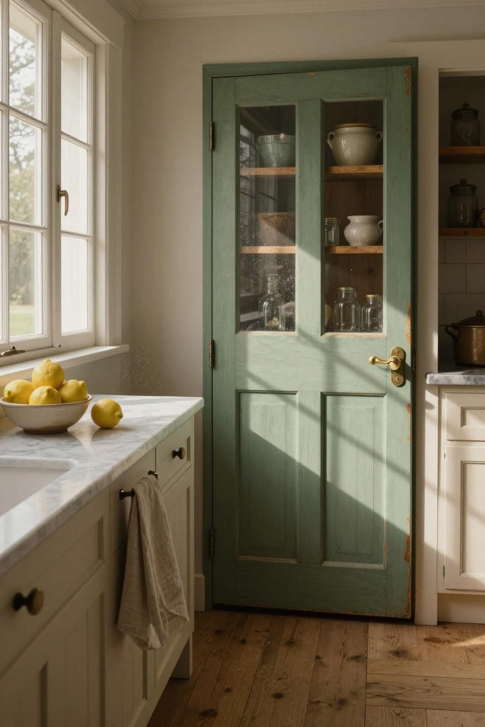hand-painted sage green six-panel pantry door with unlacquered brass thumb latch and crystal knob in vermont farmhouse kitchen
