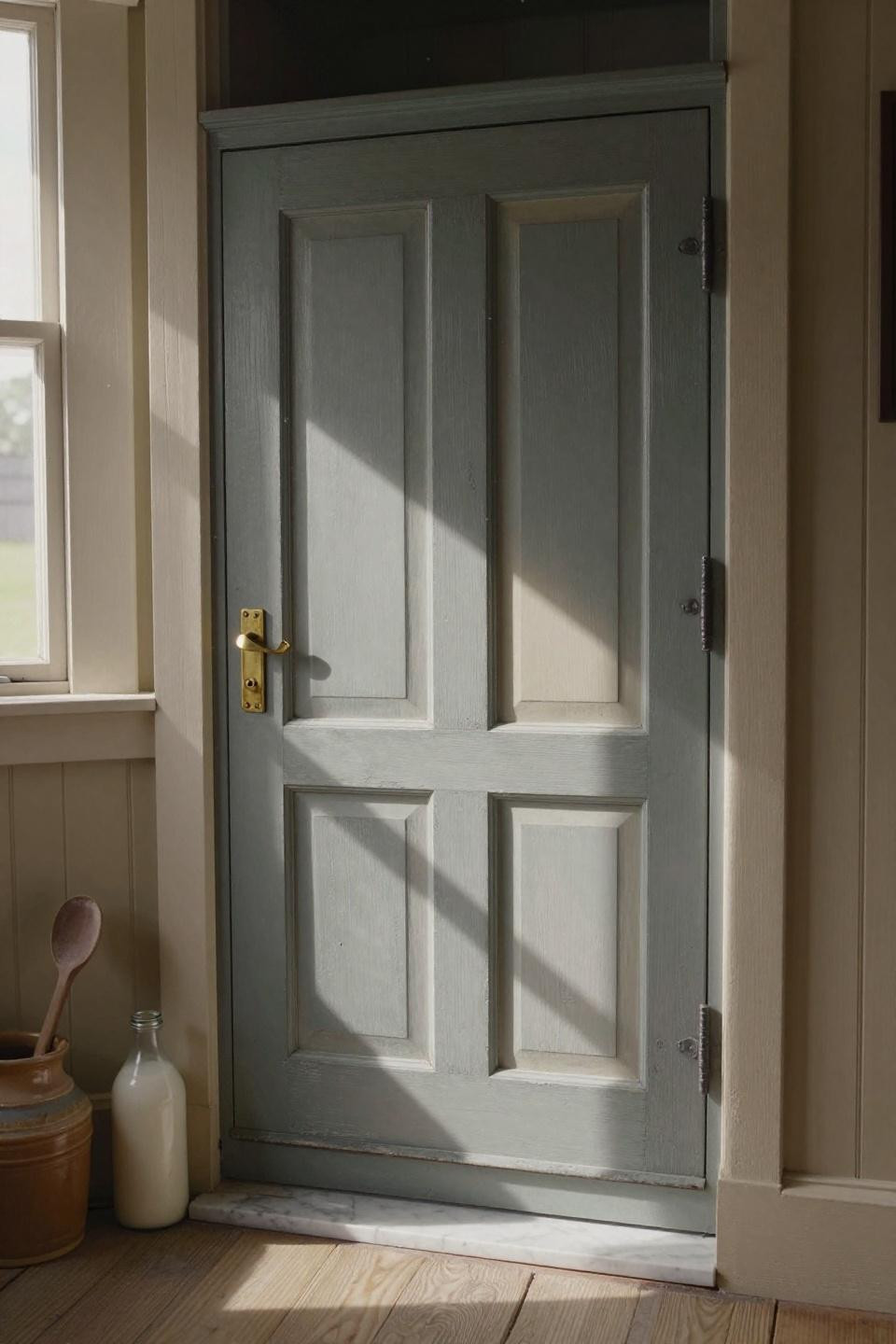 benjamin moore revere pewter painted vintage six-panel door with distressed edges revealing sage green and cream layers in vermont stone farmhouse