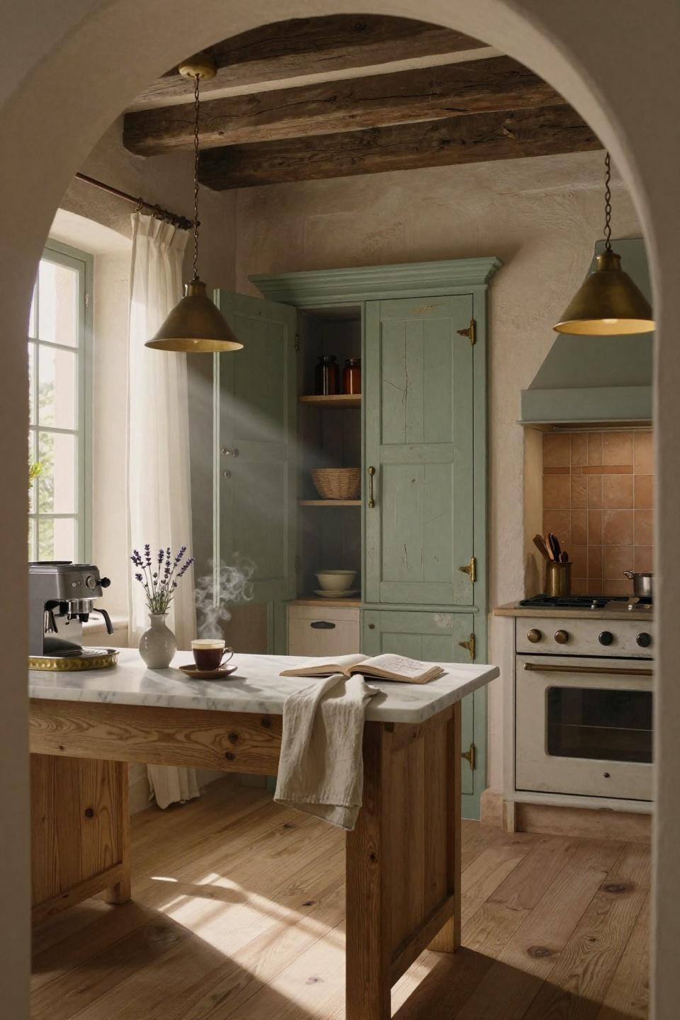 faded sage green vintage double pantry doors with iron hardware slightly ajar revealing amber glass jars in provencal stone mas kitchen