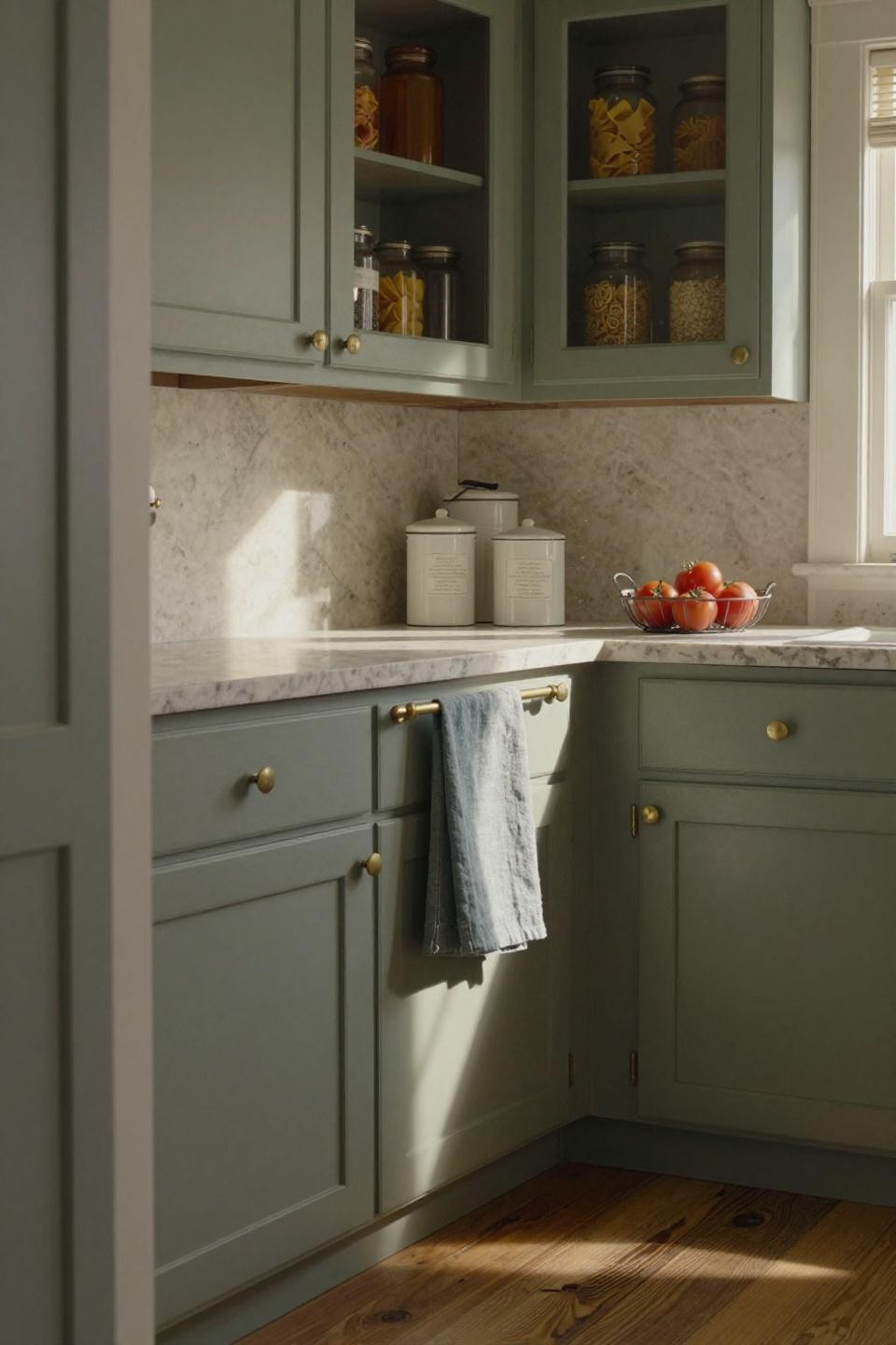 sage green shaker-style pantry cabinets with unlacquered brass cup pulls and honed quartzite waterfall countertop in vermont farmhouse butler pantry