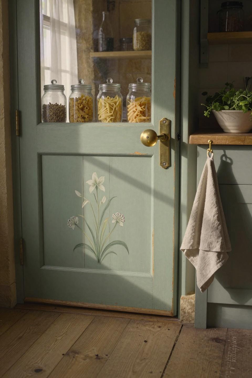 seafoam green painted barn door with unlacquered brass cup pulls and hand-painted botanical motif in cotswolds cottage kitchen