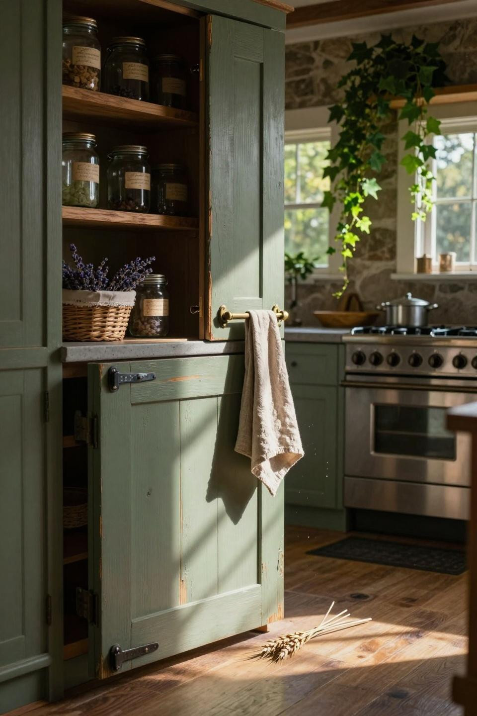 reclaimed wood plank pantry door with unlacquered brass vintage latch and hand-forged iron strap hinges in connecticut stone farmhouse