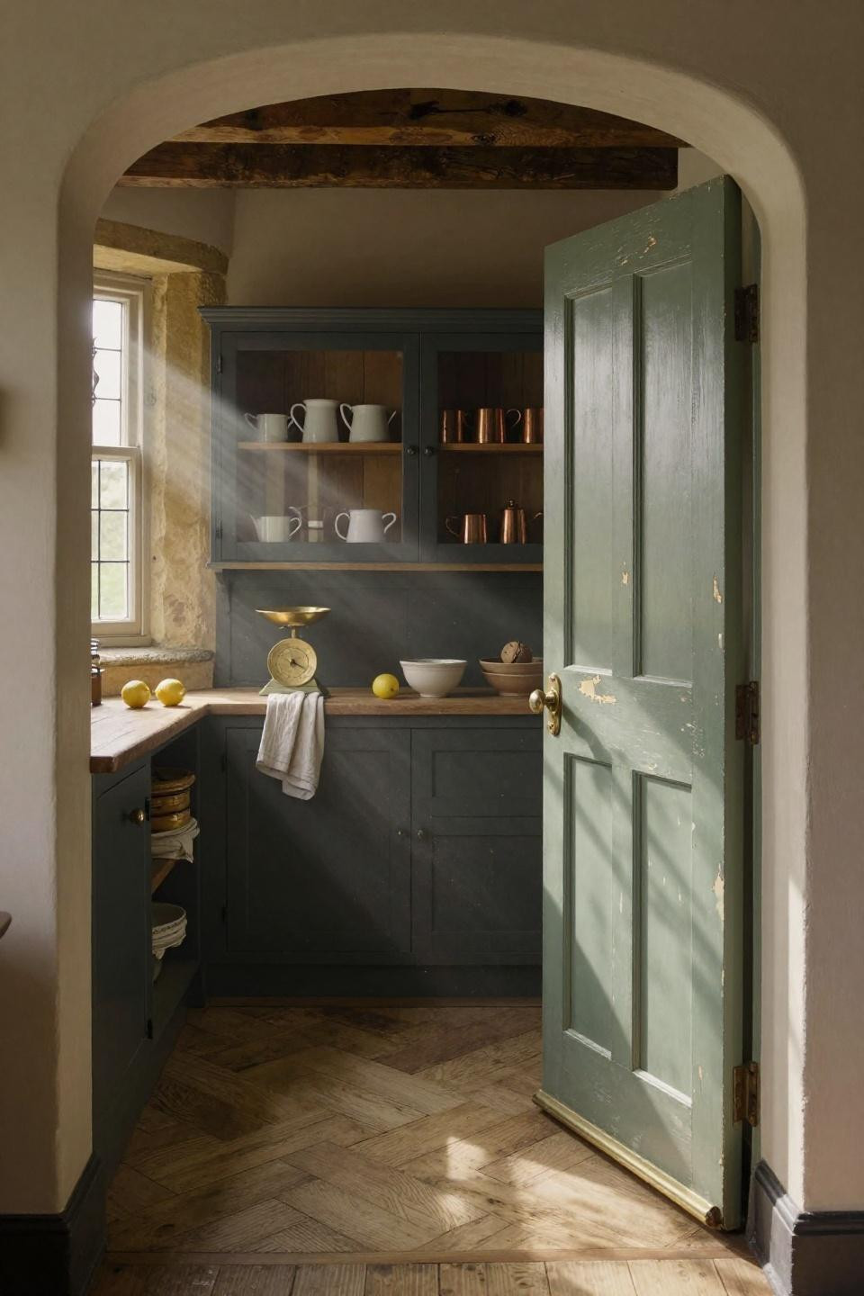 distressed sage green painted pantry door with brass hardware in cotswolds farmhouse kitchen with reclaimed barn wood shelving