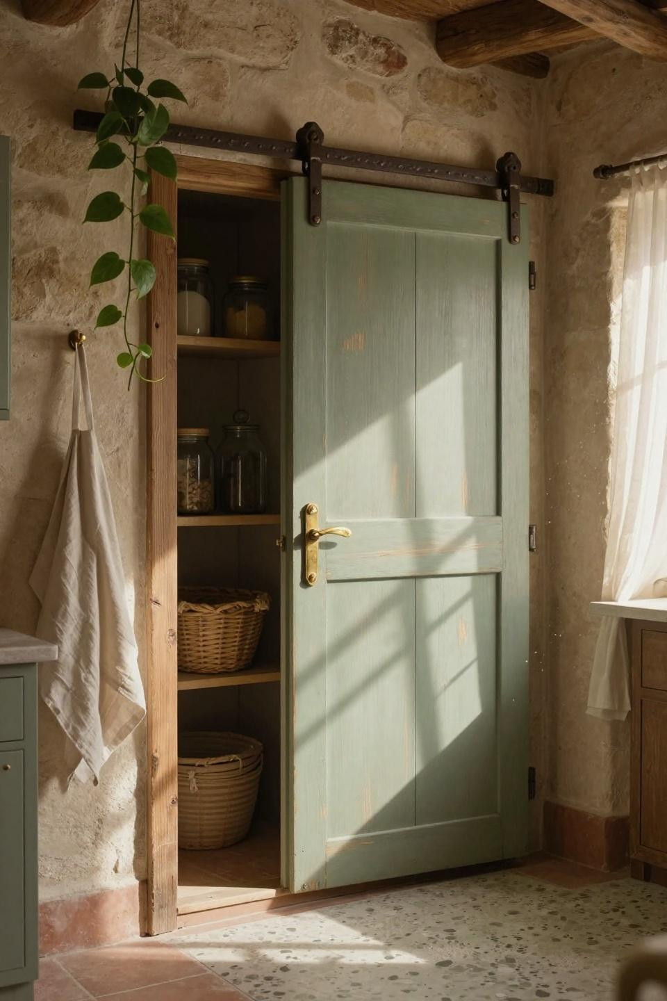 soft sage green painted double barn doors with unlacquered brass sliding hardware in provencal stone farmhouse with terracotta flooring