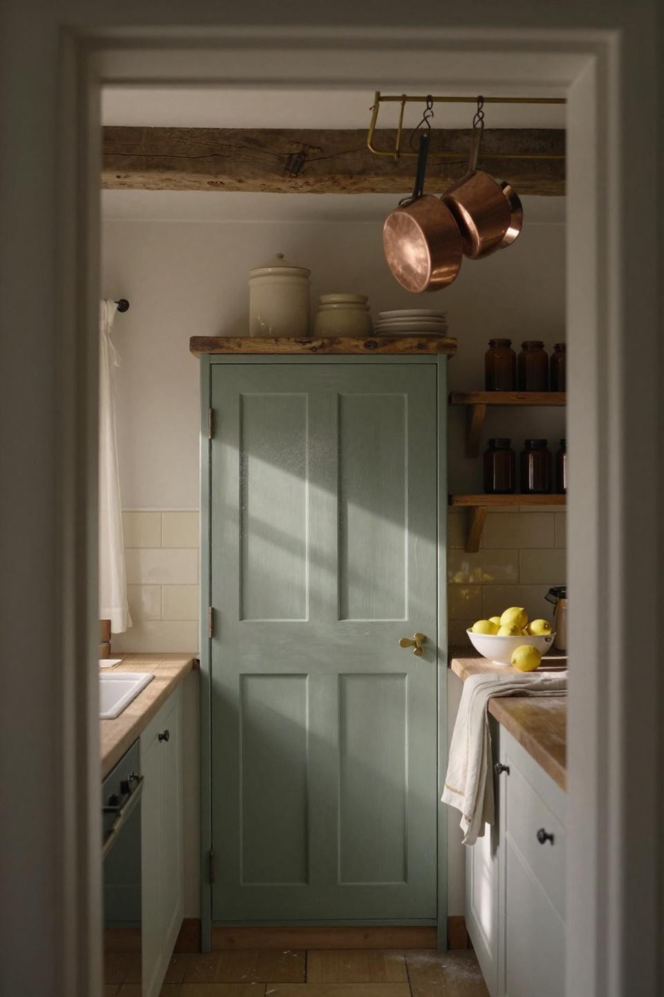 hand-painted sage green pantry door with 1920s brass thumb latch in cotswolds stone cottage with reclaimed pine shelving