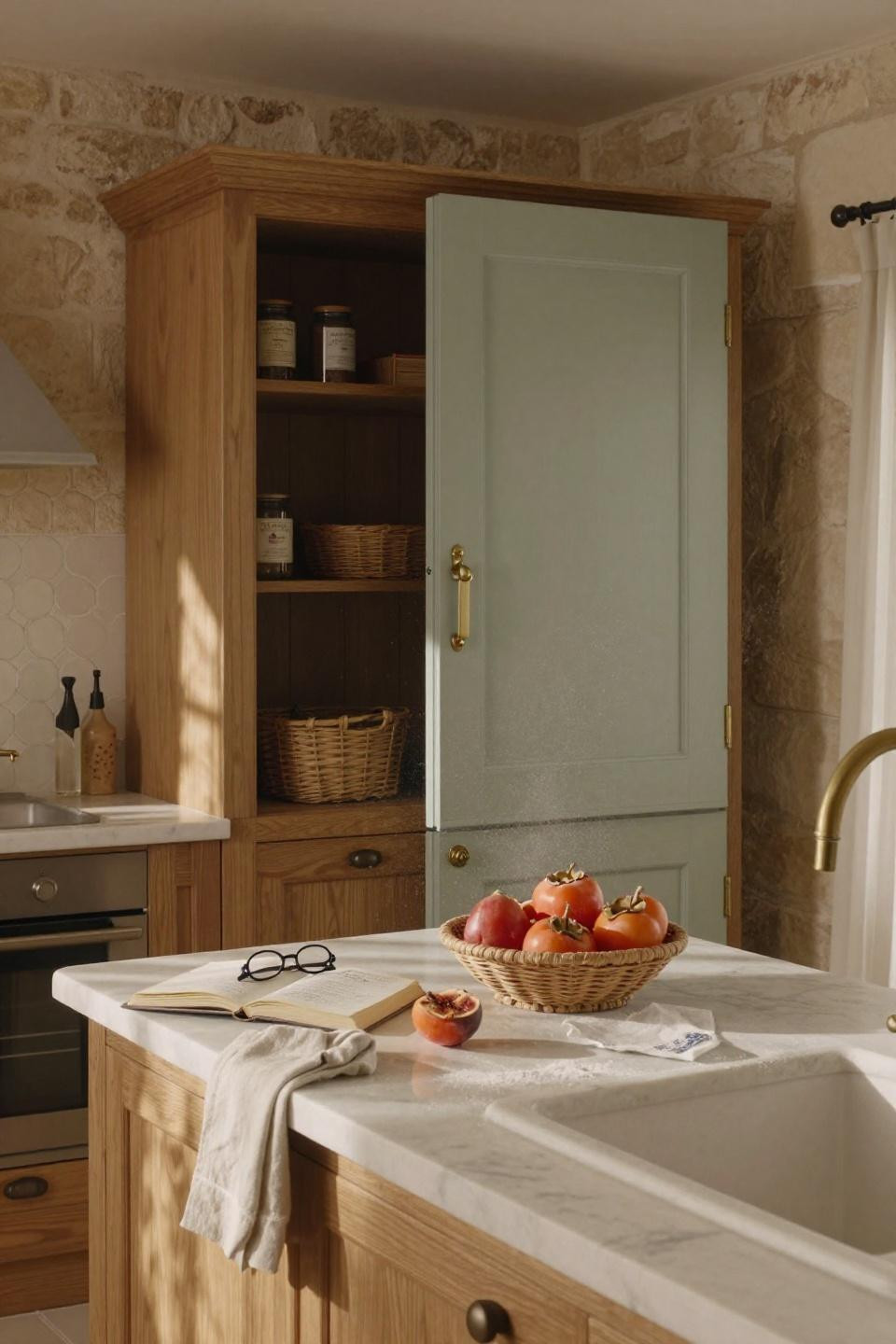 chalky sage green painted pantry door with original brass hardware in provencal stone farmhouse with authentic penny tile backsplash