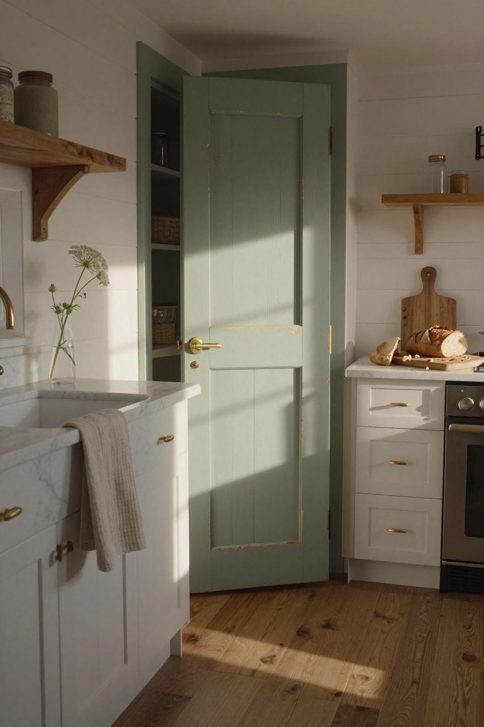 soft sage green painted pantry door with unlacquered brass vintage latch in 1880s vermont farmhouse with honed carrara marble counters