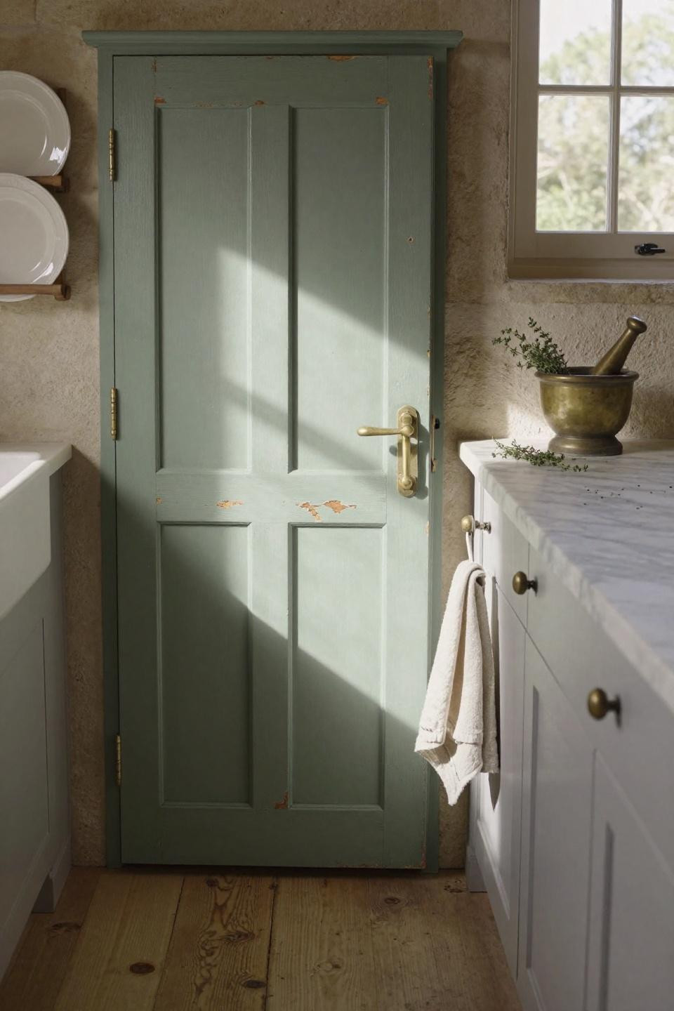 layered milk paint pantry door in sage green with chippy edges revealing honey oak in provence stone farmhouse kitchen