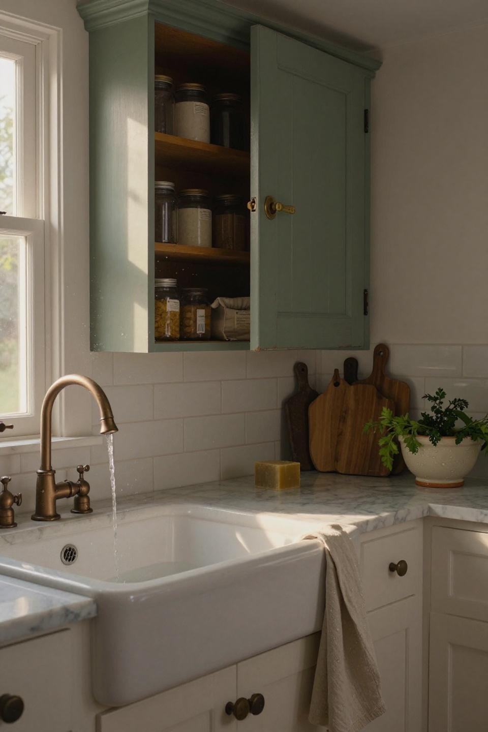 hand-painted sage green pantry door with antique brass thumb latch in 1890s vermont farmhouse with white fireclay apron sink