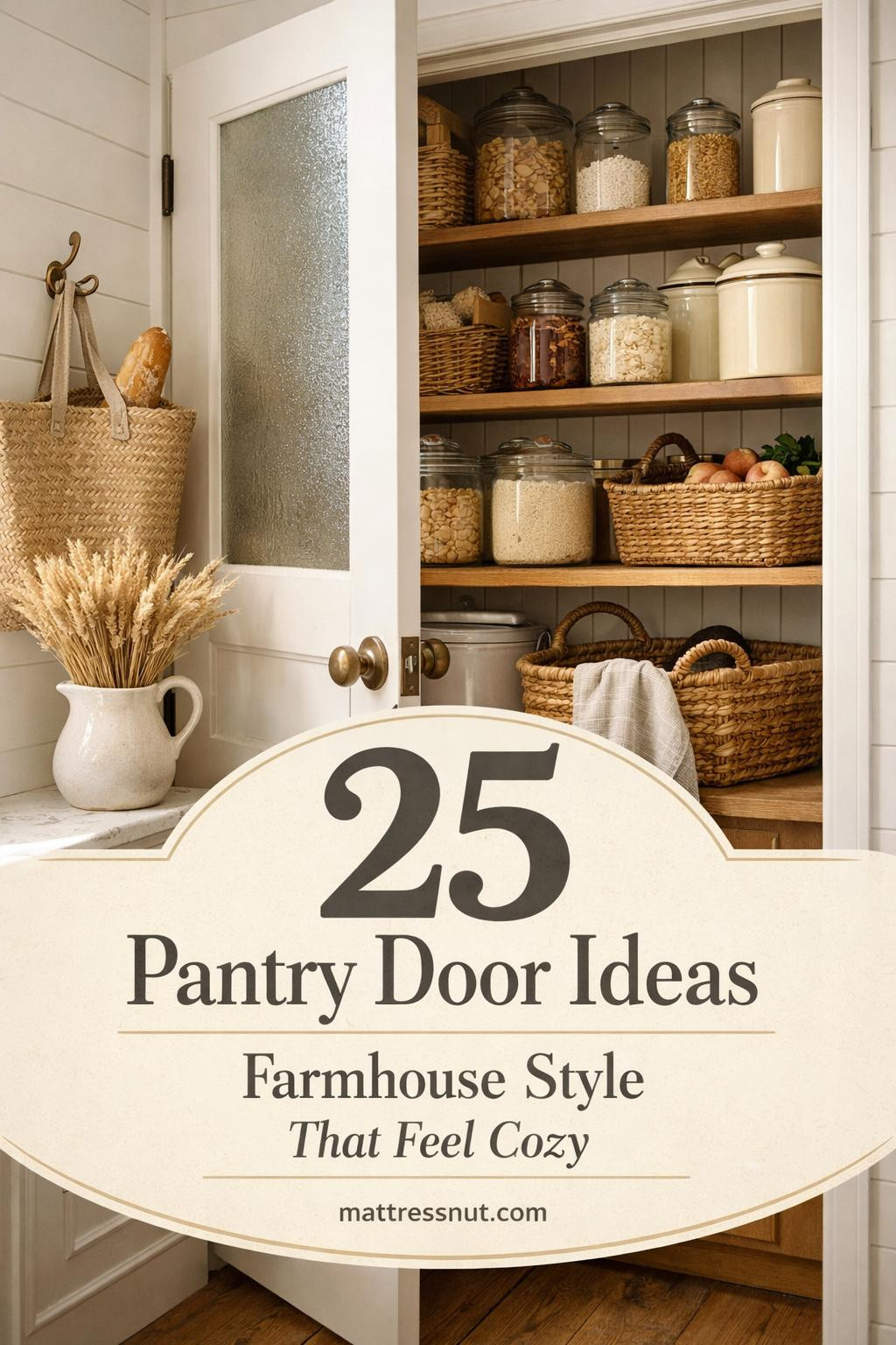 White shaker-style pantry door with brass handle in modern farmhouse kitchen featuring wood floors and subway tile