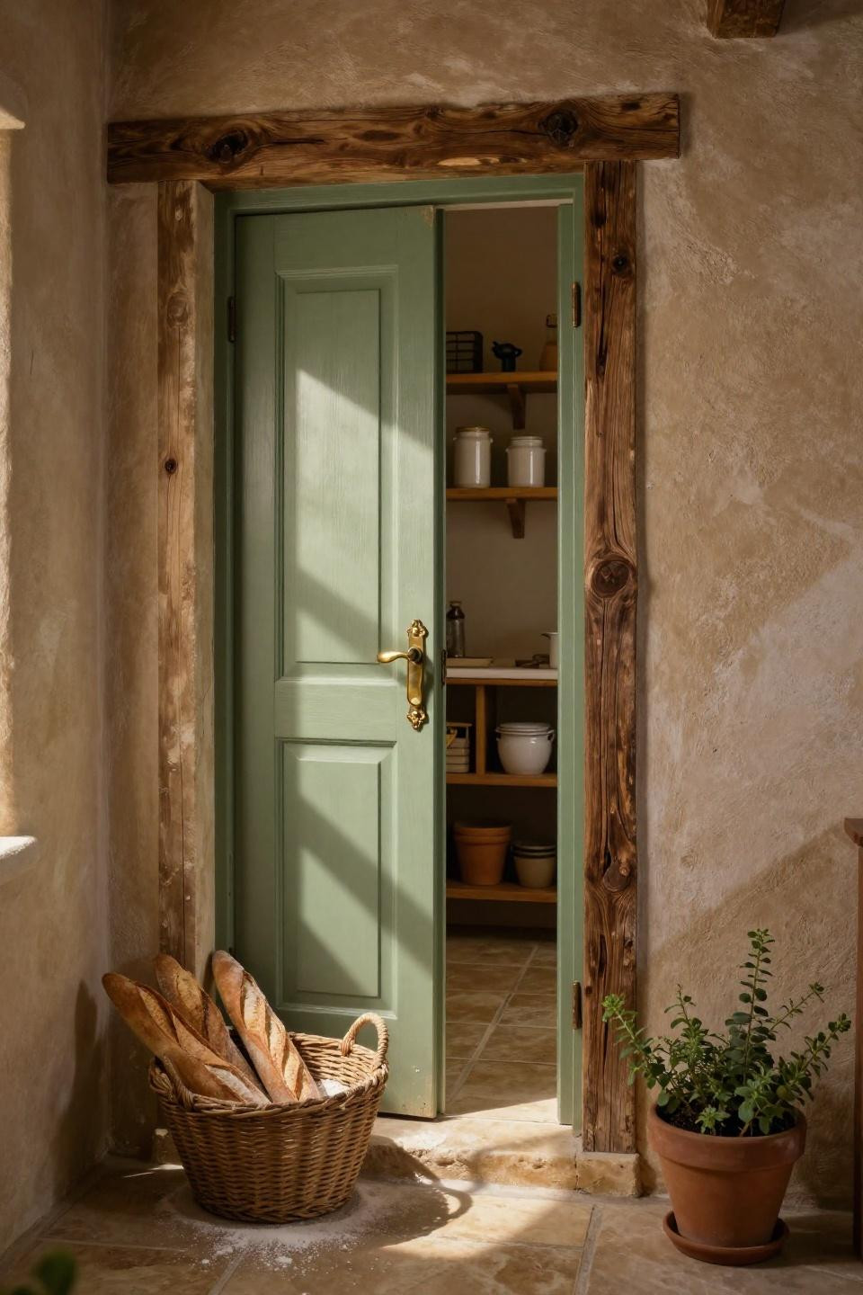 hand-painted sage green farmhouse pantry door with unlacquered brass vintage handle and market basket with baguettes