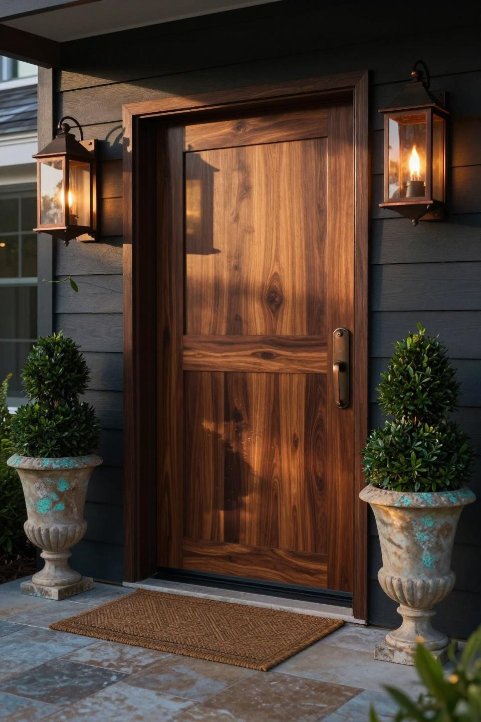 modern dark walnut pivot front door with horizontal grain and unlacquered copper lanterns on hamptons coastal estate