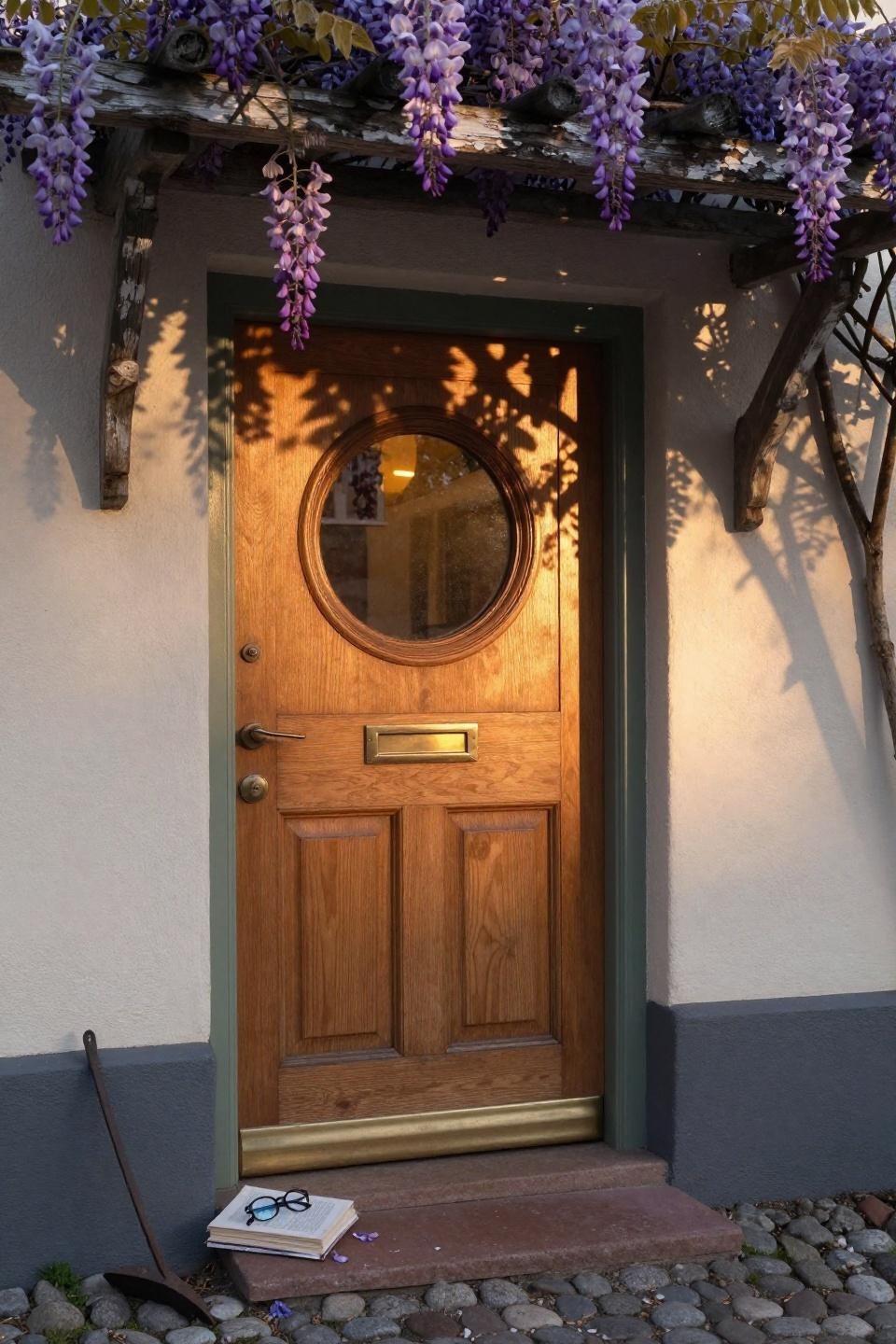 honey oak front door with circular window draped in purple wisteria blooms on copenhagen villa entrance