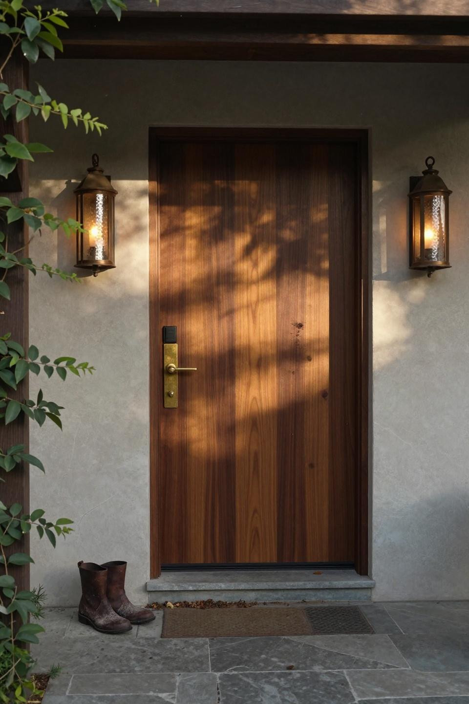 modern pivot front door in dark walnut with brass hardware on napa valley estate porch