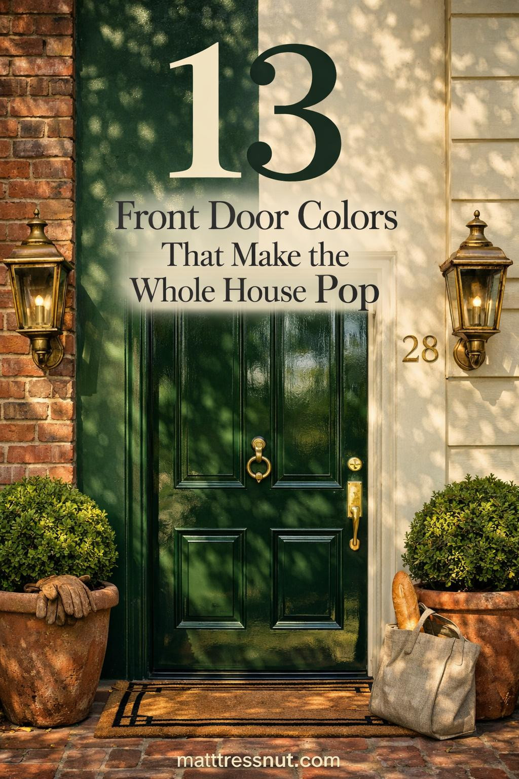 Vibrant painted front door in bold color with matching hardware, welcoming entryway, stylish exterior upgrade