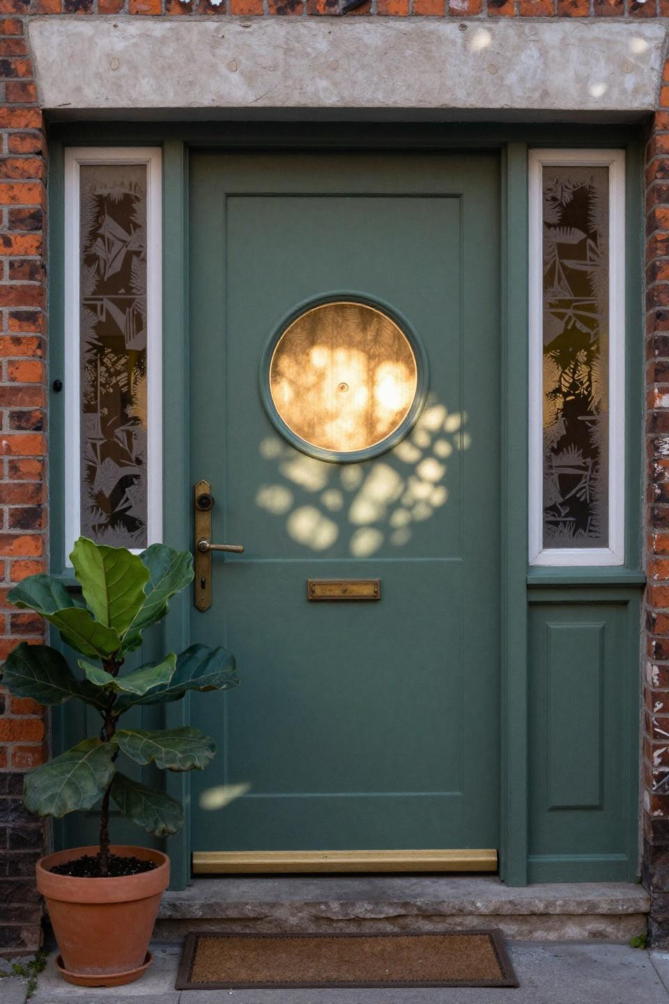 deep sage green scandinavian door with round porthole window on lime washed red brick copenhagen townhouse