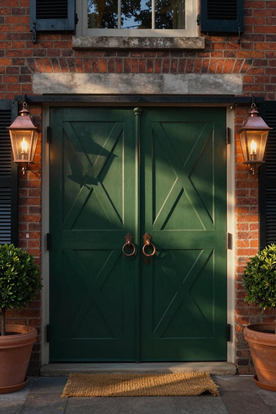 forest green double barn doors with x pattern and iron ring pulls on red brick georgian estate with copper lanterns