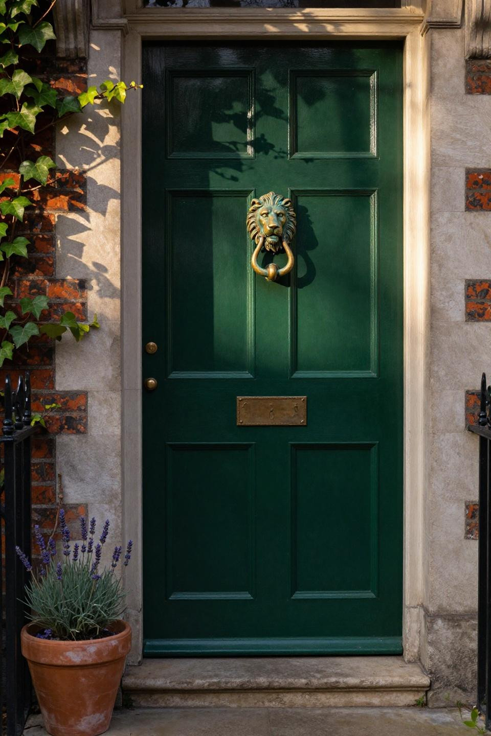 forest green paneled door with antique brass lion knocker and climbing english ivy on notting hill red brick townhouse