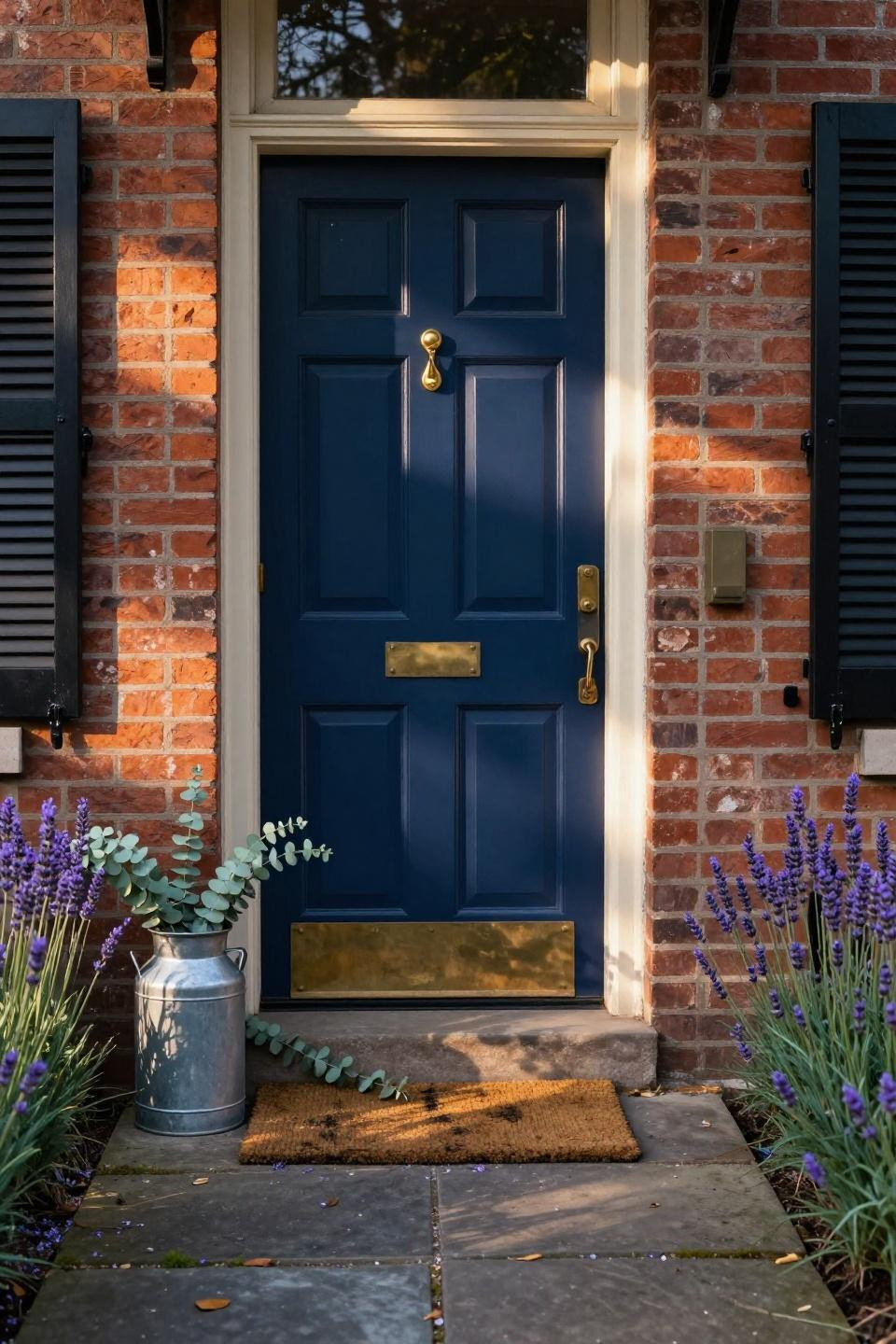 navy blue six panel door with unlacquered brass hardware flanked by black shutters on red brick georgetown townhouse