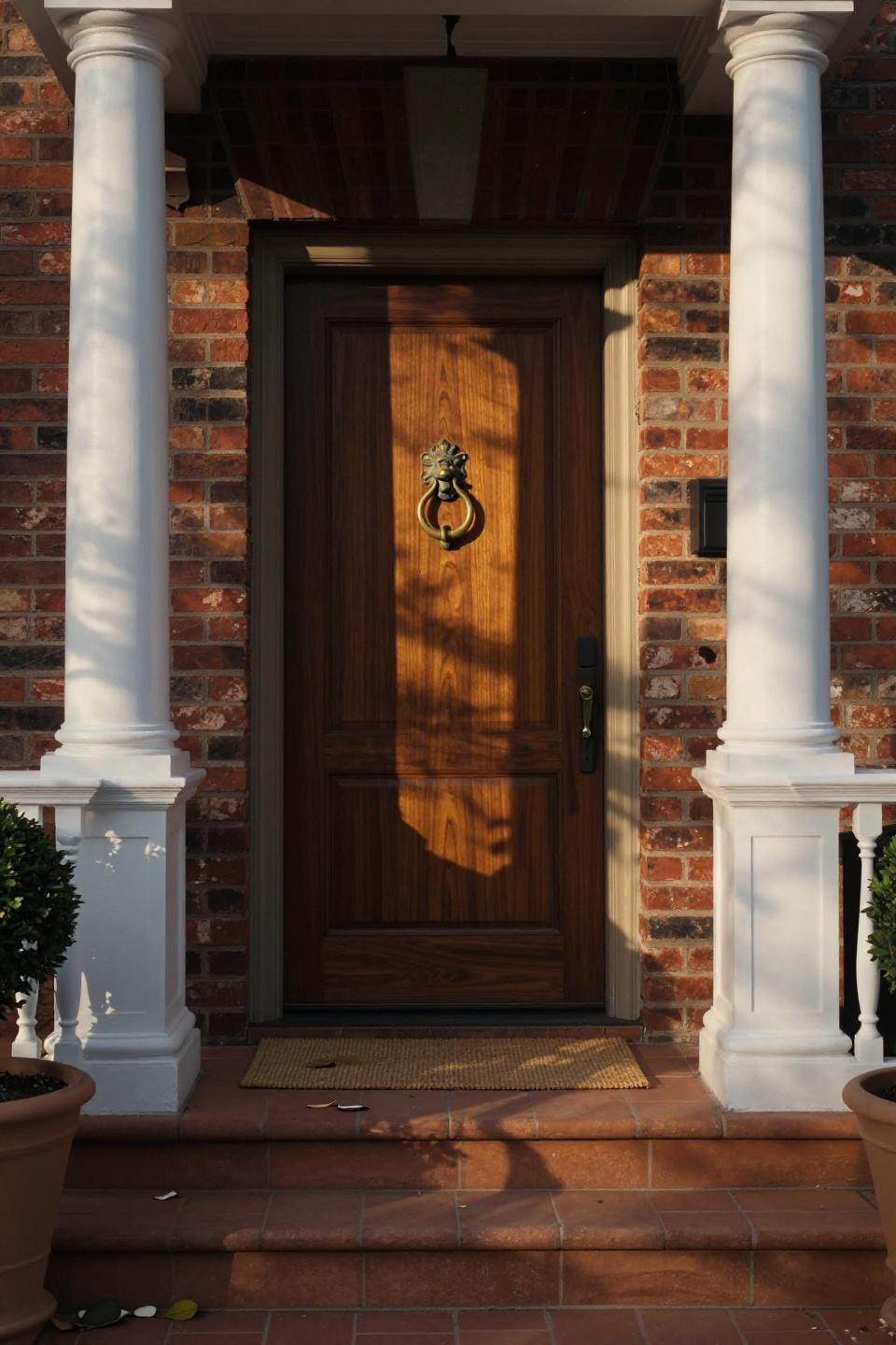 walnut pivot door with antique brass knocker flanked by white doric columns on red brick home