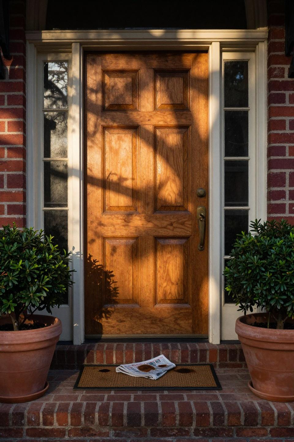 honey toned mahogany mid century door with geometric window muntins and brass lever on red brick colonial greenwich home