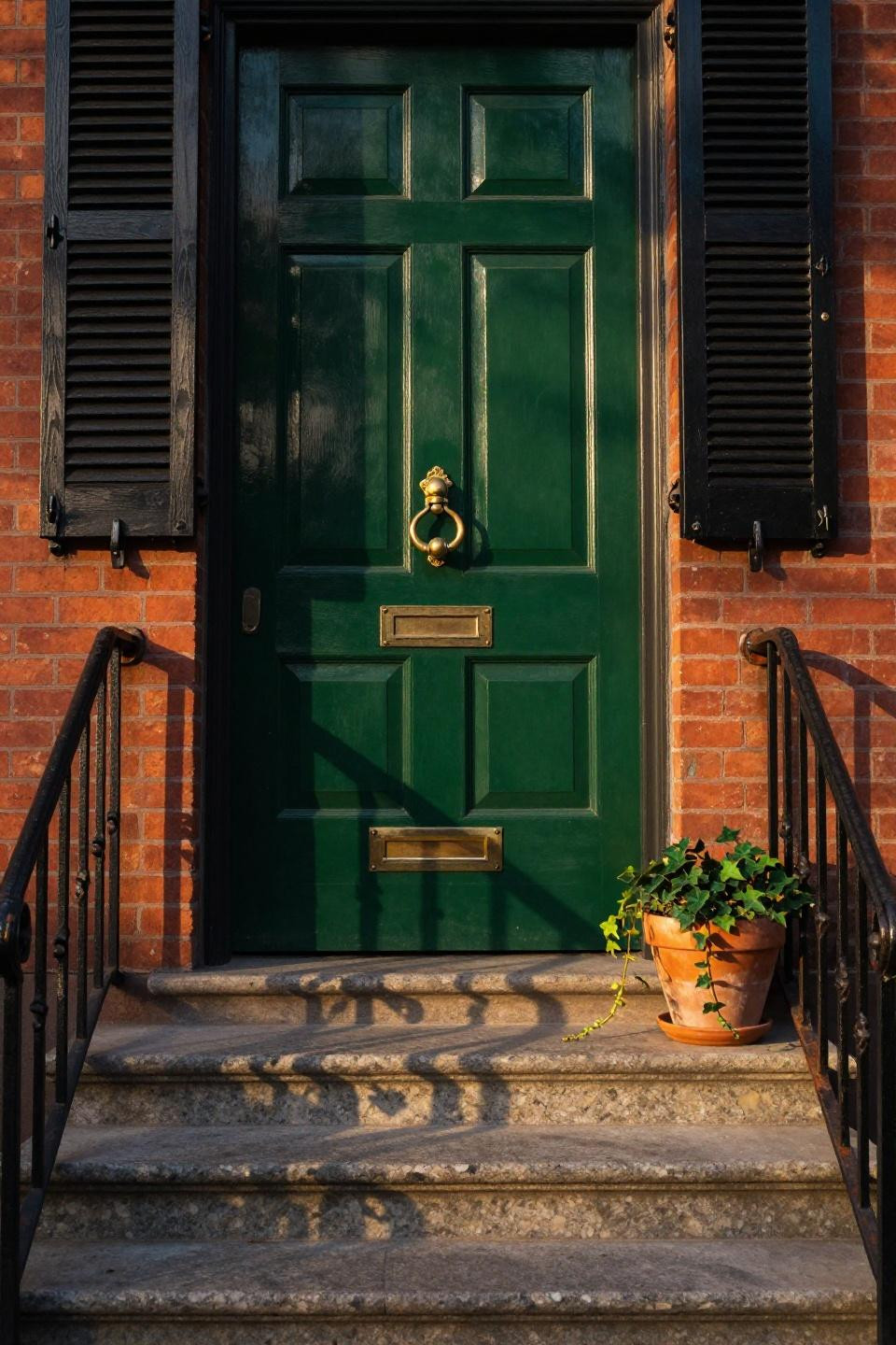 glossy forest green lacquered eight panel door with brass hardware and black shutters on georgetown brownstone slate steps