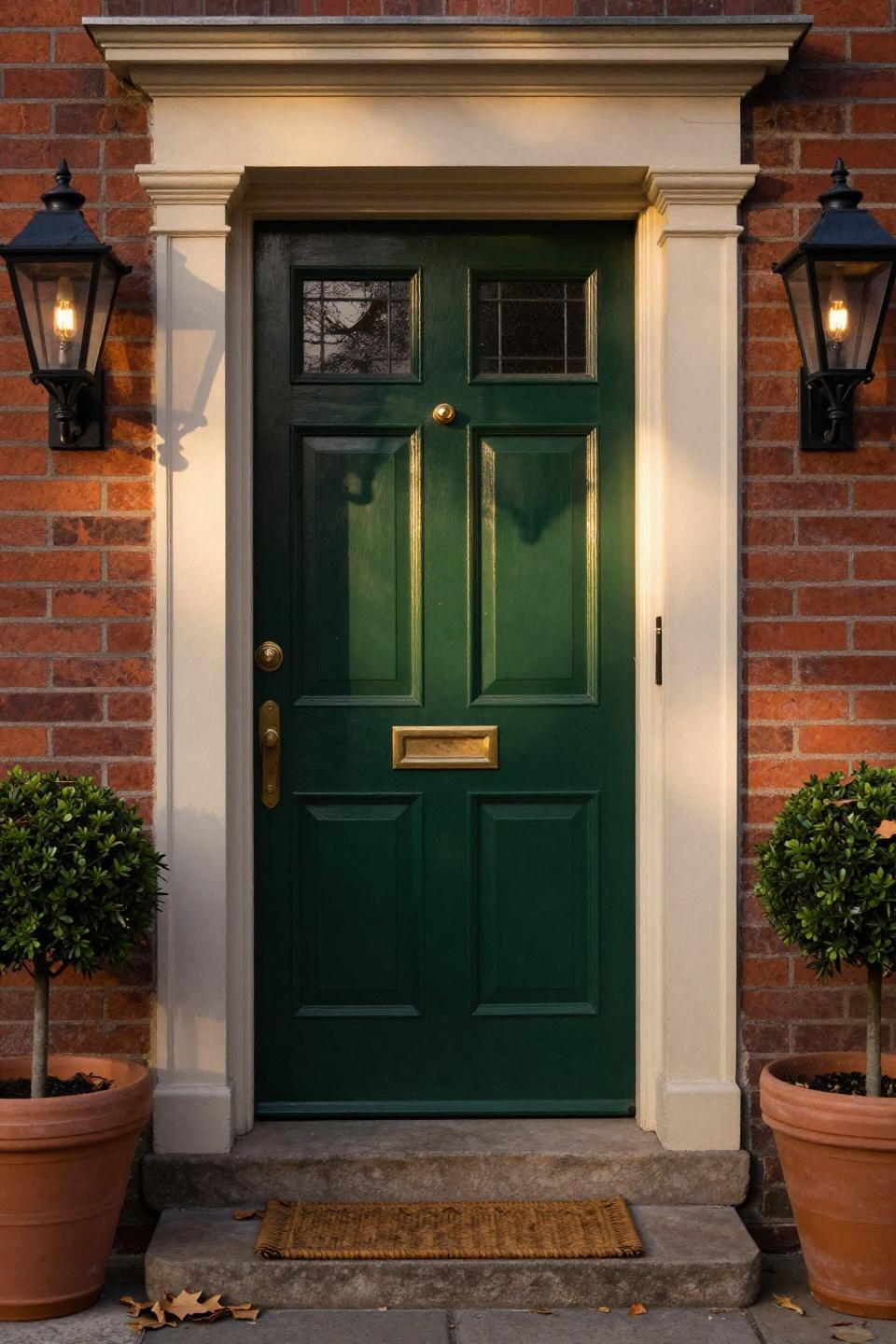 hunter green six panel door with polished brass hardware and frosted glass sidelights on red brick beacon hill townhouse