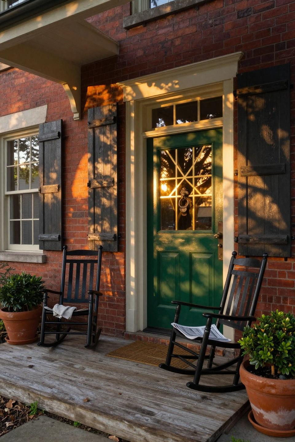 custom forest green lacquered door with brass geometric window grid and charcoal shutters on red brick greenwich estate