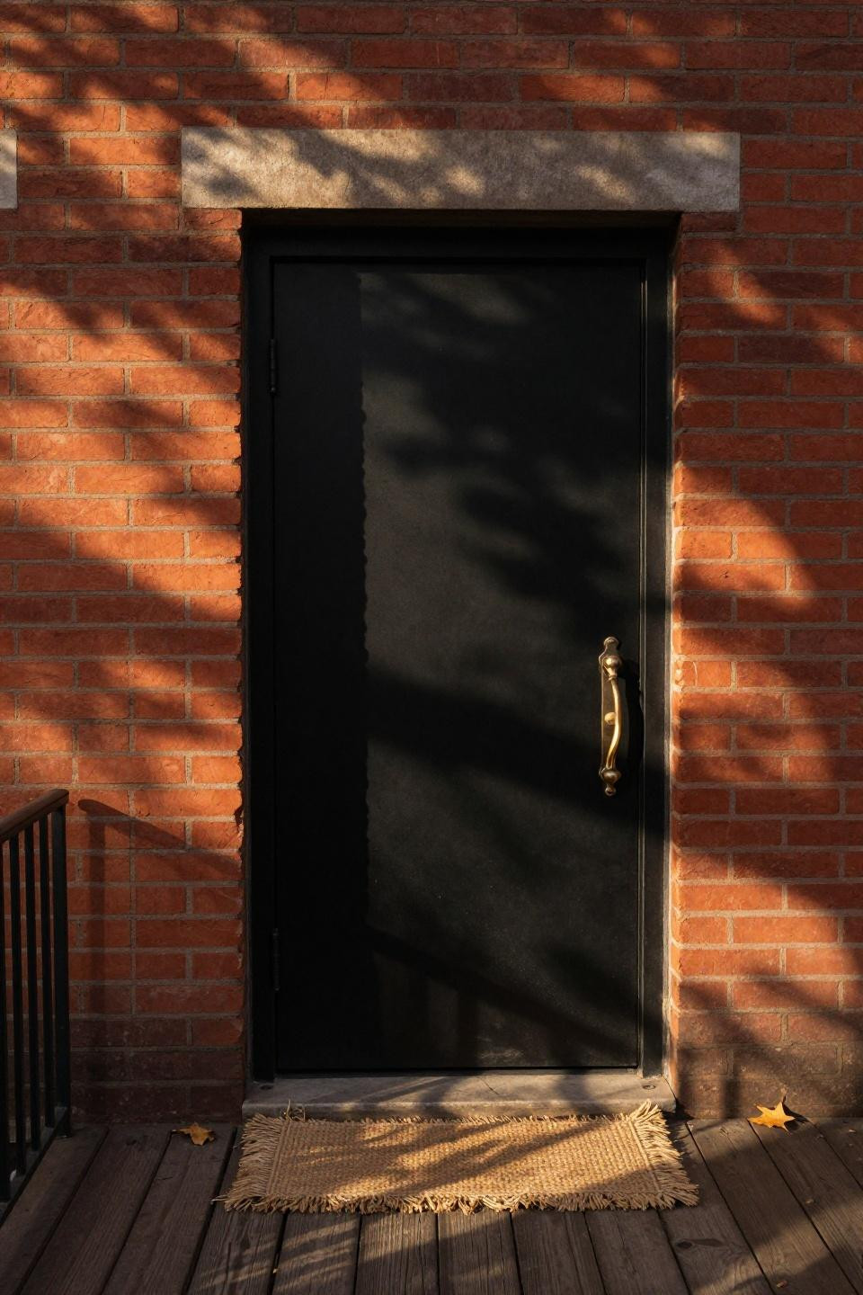 contemporary matte black flush steel door with unlacquered brass lever on red brick brooklyn brownstone with teak deck