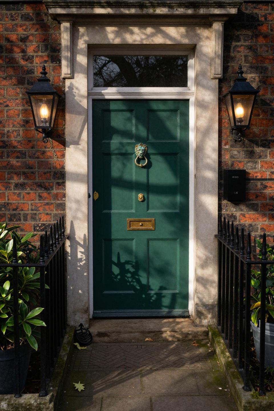 forest green lacquered door with unlacquered brass lion knocker on red brick notting hill townhouse with boxwood hedge