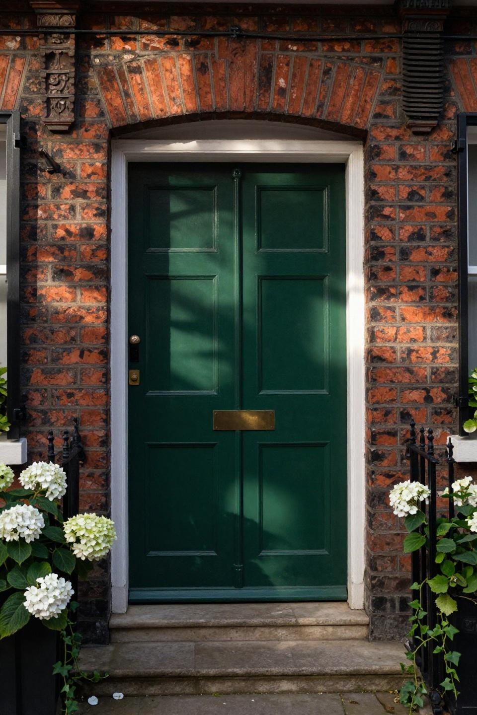 emerald green french double doors with divided lights and bronze hardware on red brick notting hill townhouse with ivy