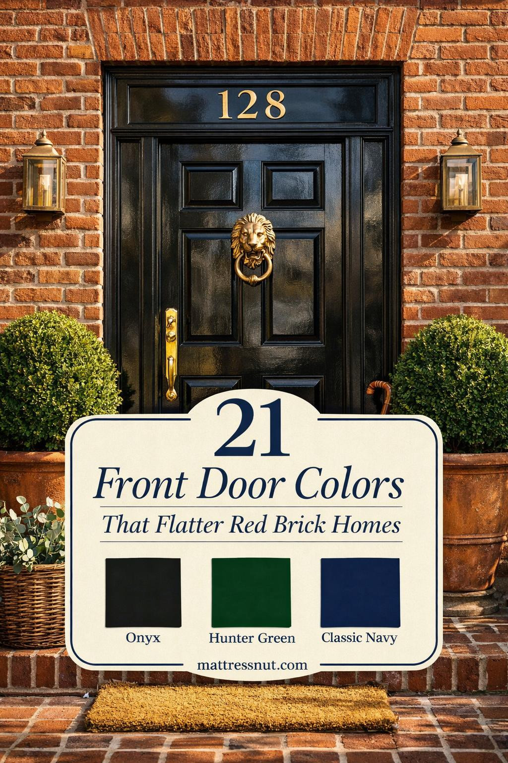 Multiple front door color options displayed on red brick home exteriors including navy blue, forest green, black, and white