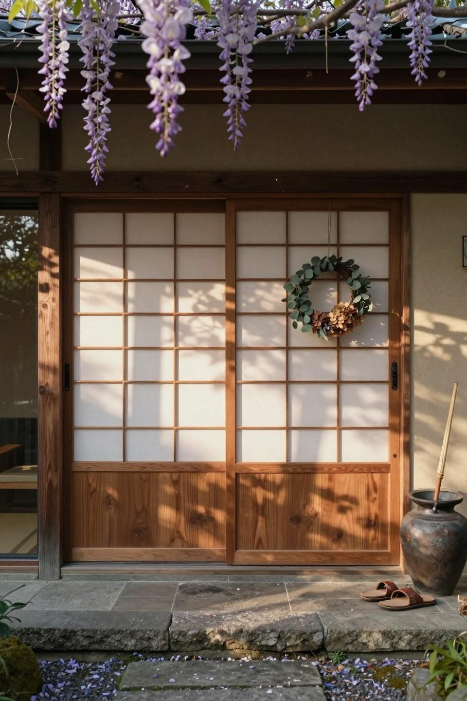 japanese shoji sliding screen door with honey-toned hinoki cypress frame and cascading wisteria in pacific northwest garden
